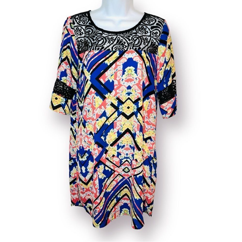 Socialite Watercolor Floral Geometric Black Lace Yoke Mini Dress Royal Blue S